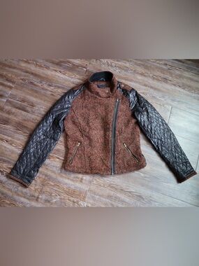 Yoki Womens Rust Brown Marled Moto Biker Jacket Quilted Contrast Sleeves Medium